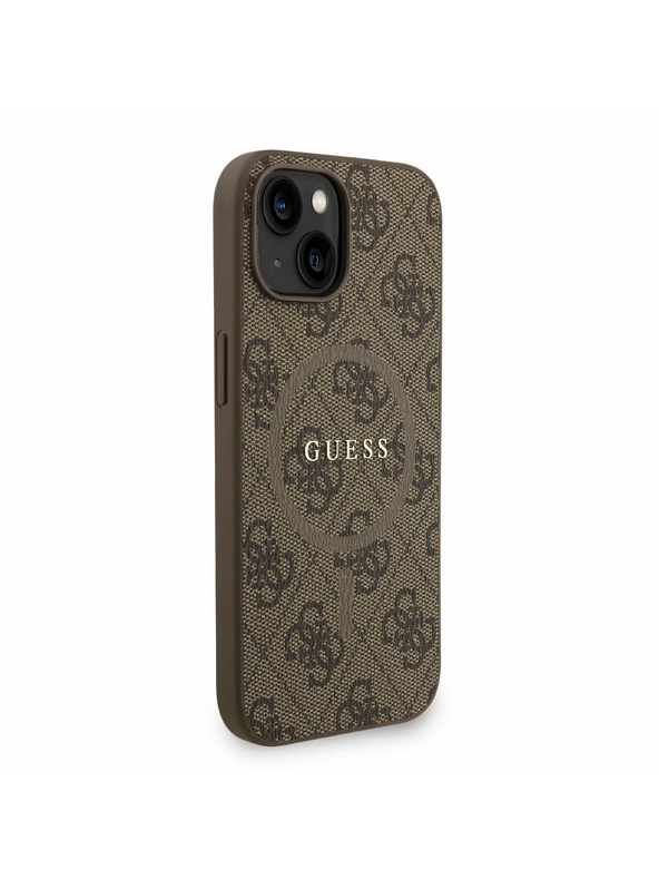 Guess Guess PU Leder 4G Farbiger Ring Strap MagSafe Rückseite Hülle für iPhone 15 Braun