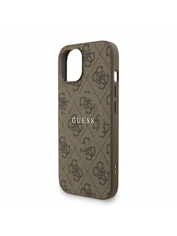 Guess Guess PU Leder 4G Farbiger Ring Strap MagSafe Rückseite Hülle für iPhone 15 Braun