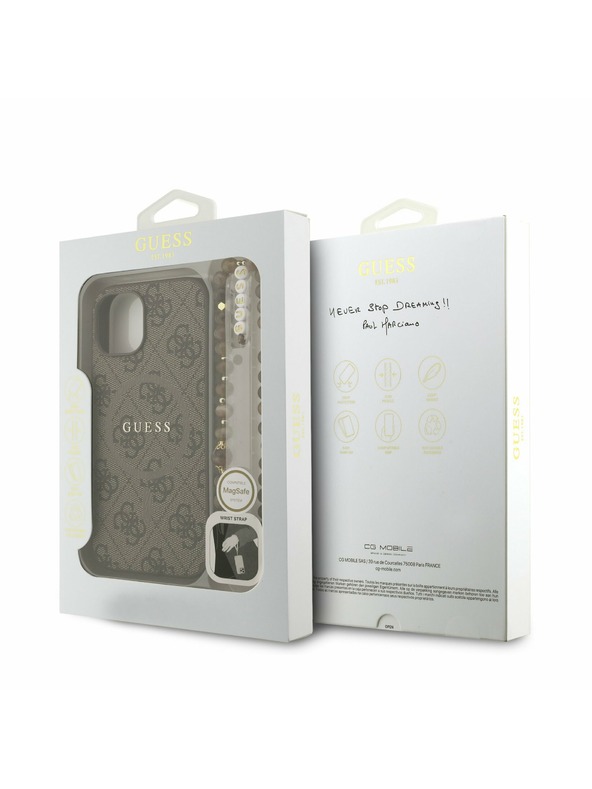 Guess Guess PU Leder 4G Farbiger Ring Strap MagSafe Rückseite Hülle für iPhone 15 Braun