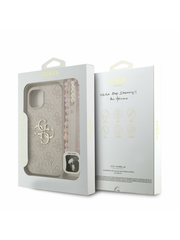 Guess Guess PU 4G Metal Logo Strap Rückseite Hülle für iPhone 15 Rosa