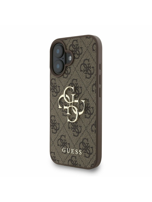 Guess Guess PU 4G Metal Logo Strap Rückseite Hülle für iPhone 16 Braun