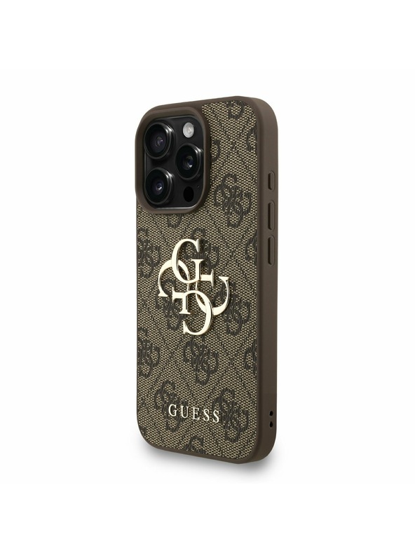 Guess Guess PU 4G Metal Logo Strap Rückseite Hülle für iPhone 16 Pro Braun