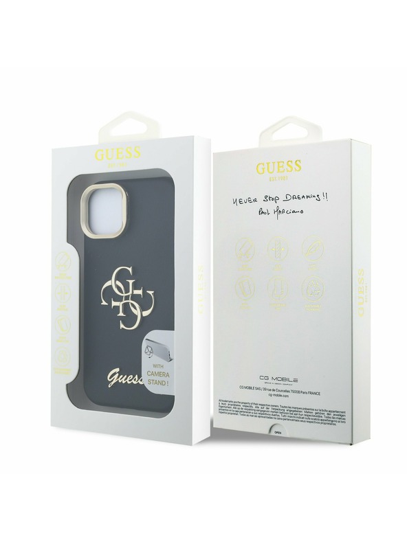 Guess Guess PU Grained 4G Logo Stand Camera Frame Rückseite Hülle für iPhone 13 Schwarz