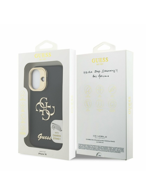 Guess Guess PU Grained 4G Logo Stand Camera Frame Rückseite Hülle für iPhone 16 Schwarz