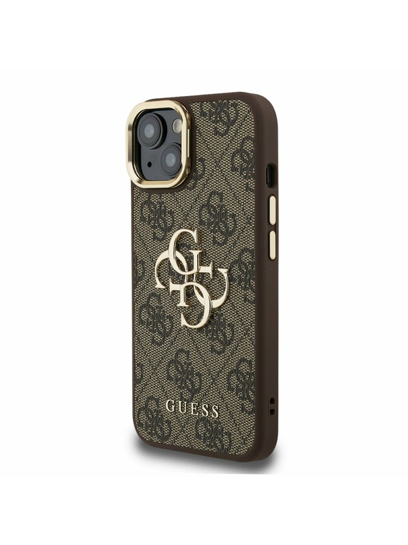 Guess Guess PU 4G Metal Logo Stand Camera Frame Rückseite Hülle für iPhone 13 Braun