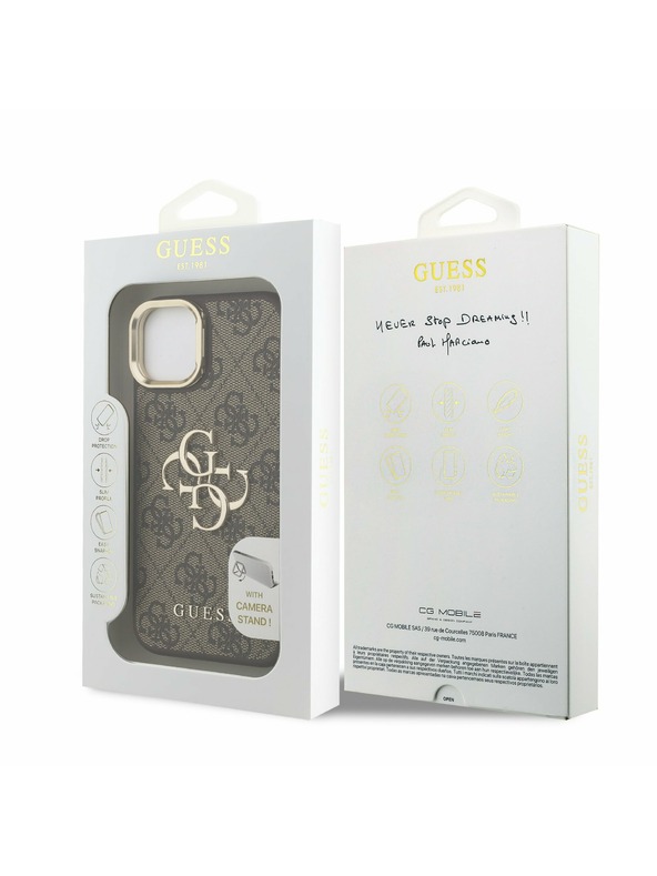 Guess Guess PU 4G Metal Logo Stand Camera Frame Rückseite Hülle für iPhone 13 Braun