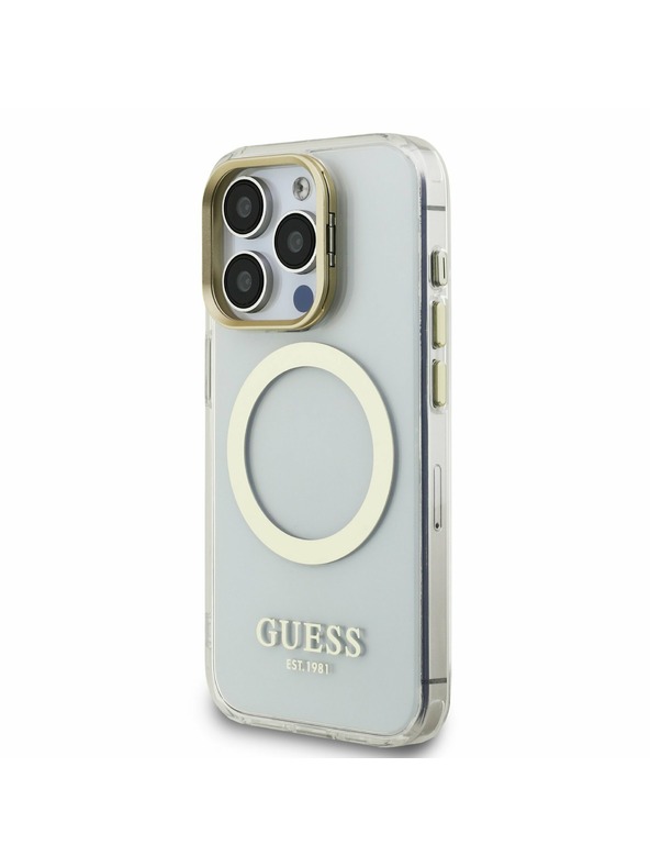 Guess Guess IML Gold Outline Stand Camera Frame MagSafe Rückseite Hülle für iPhone 15 Pro Transparent