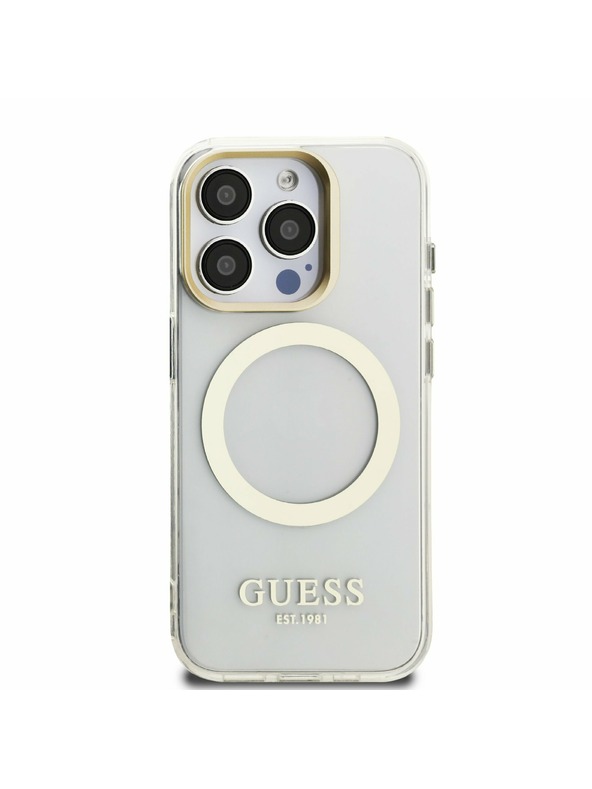 Guess Guess IML Gold Outline Stand Camera Frame MagSafe Rückseite Hülle für iPhone 15 Pro Transparent