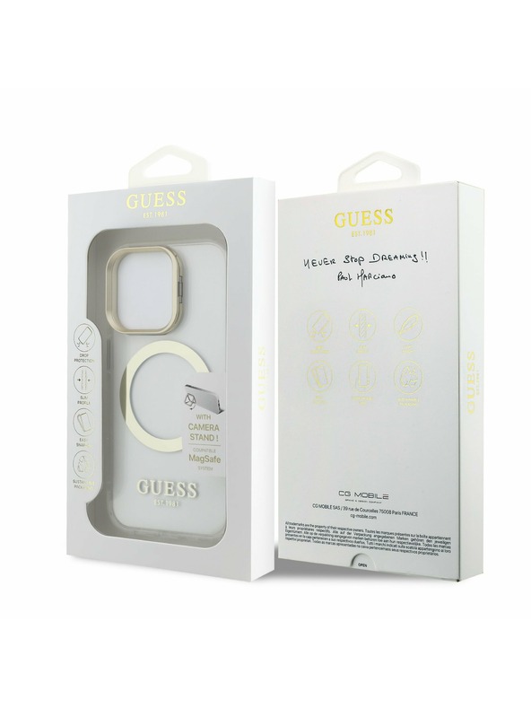 Guess Guess IML Gold Outline Stand Camera Frame MagSafe Rückseite Hülle für iPhone 15 Pro Transparent