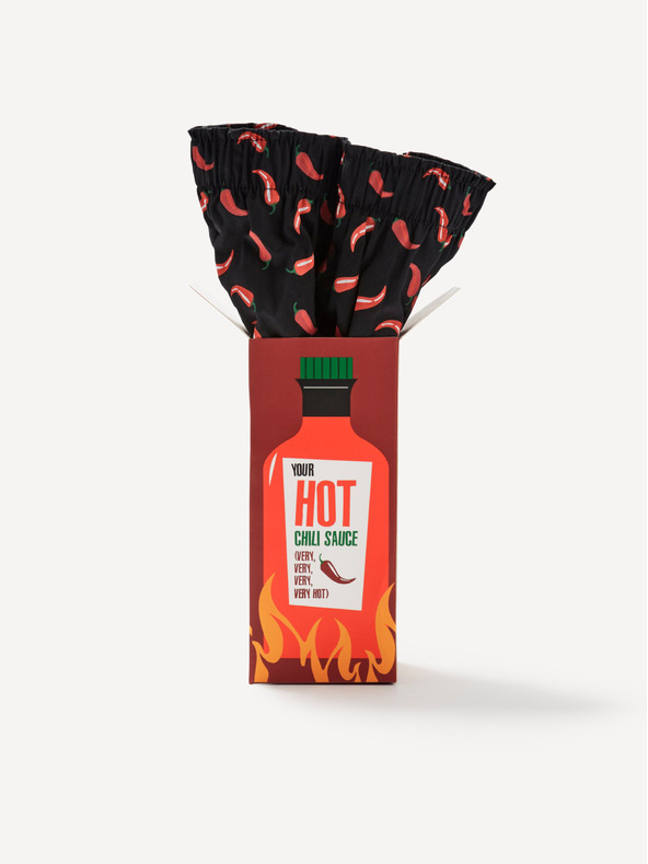Celio Schwarze gemusterte Herren-Shorts in Celio Hot Chili Sauce Geschenkpackung