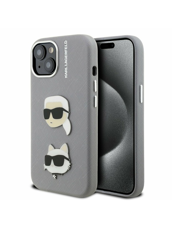 Karl Lagerfeld Karl Lagerfeld Grained PU K&CH Heads Rückseite Hülle für iPhone 15 Grau
