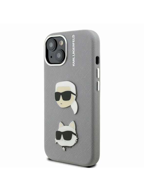 Karl Lagerfeld Karl Lagerfeld Grained PU K&CH Heads Rückseite Hülle für iPhone 15 Grau