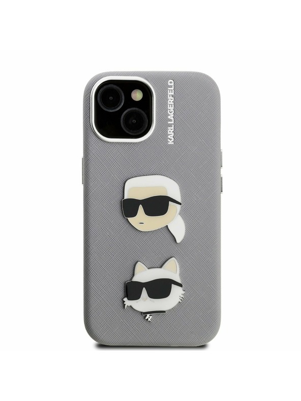 Karl Lagerfeld Karl Lagerfeld Grained PU K&CH Heads Rückseite Hülle für iPhone 15 Grau
