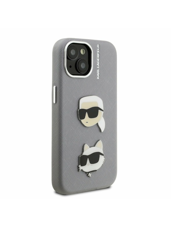Karl Lagerfeld Karl Lagerfeld Grained PU K&CH Heads Rückseite Hülle für iPhone 15 Grau