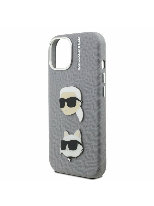 Karl Lagerfeld Karl Lagerfeld Grained PU K&CH Heads Rückseite Hülle für iPhone 15 Grau