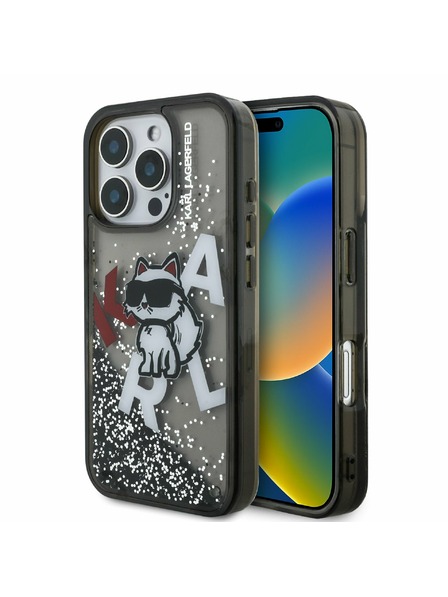 Karl Lagerfeld Karl Lagerfeld Liquid Glitter Scattered Choupette Rückseite Hülle für iPhone 16 Pro Schwarz