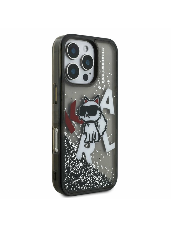 Karl Lagerfeld Karl Lagerfeld Liquid Glitter Scattered Choupette Rückseite Hülle für iPhone 16 Pro Schwarz