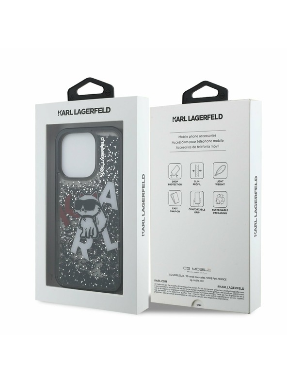 Karl Lagerfeld Karl Lagerfeld Liquid Glitter Scattered Choupette Rückseite Hülle für iPhone 16 Pro Schwarz