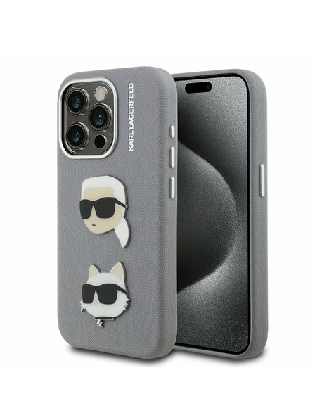 Karl Lagerfeld Karl Lagerfeld Grained PU K&CH Heads Rückseite Hülle für iPhone 15 Pro Max Grau
