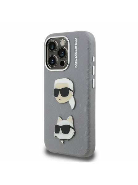 Karl Lagerfeld Karl Lagerfeld Grained PU K&CH Heads Rückseite Hülle für iPhone 15 Pro Max Grau