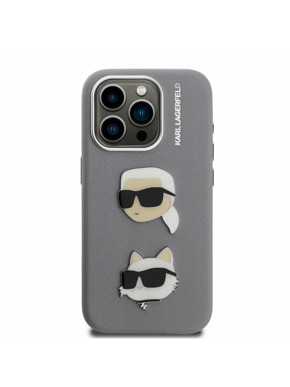 Karl Lagerfeld Karl Lagerfeld Grained PU K&CH Heads Rückseite Hülle für iPhone 15 Pro Max Grau
