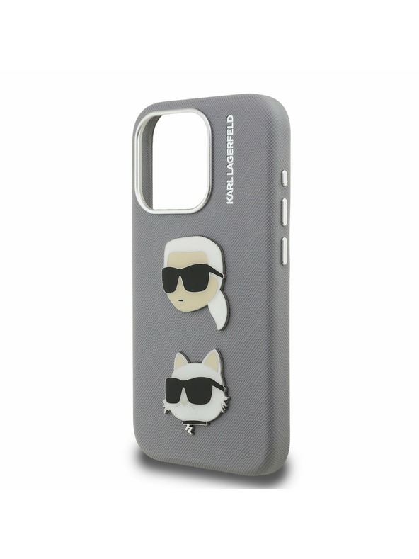 Karl Lagerfeld Karl Lagerfeld Grained PU K&CH Heads Rückseite Hülle für iPhone 15 Pro Max Grau