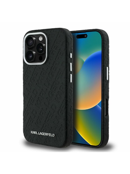 Karl Lagerfeld Karl Lagerfeld Grained PU Repeated Logo MagSafe Rückseite Hülle für iPhone 16 Pro Schwarz