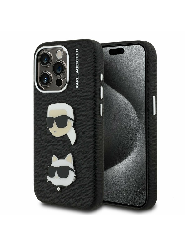Karl Lagerfeld Karl Lagerfeld Grained PU K&CH Heads Rückseite Hülle für iPhone 15 Pro Schwarz