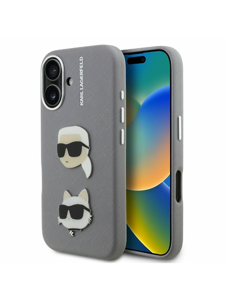 Karl Lagerfeld Karl Lagerfeld Grained PU K&CH Heads Rückseite Hülle für iPhone 16 Grau