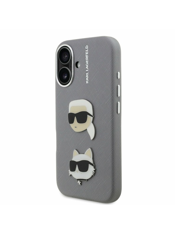 Karl Lagerfeld Karl Lagerfeld Grained PU K&CH Heads Rückseite Hülle für iPhone 16 Grau