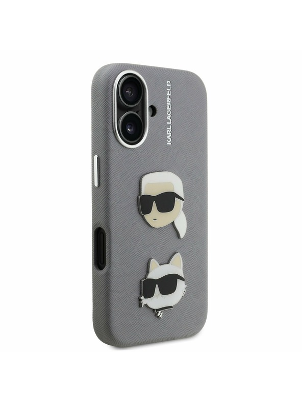 Karl Lagerfeld Karl Lagerfeld Grained PU K&CH Heads Rückseite Hülle für iPhone 16 Grau