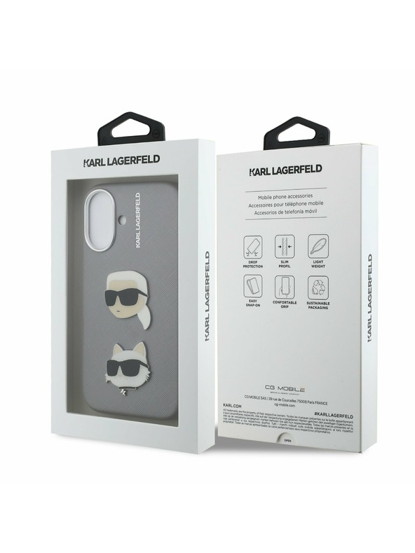 Karl Lagerfeld Karl Lagerfeld Grained PU K&CH Heads Rückseite Hülle für iPhone 16 Grau