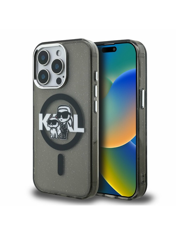 Karl Lagerfeld Karl Lagerfeld IML Glitter Karl and Choupette Sketch MagSafe Rückseite Hülle für iPhone 15 Pro Schwarz