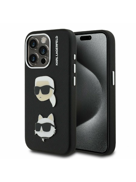 Karl Lagerfeld Karl Lagerfeld Grained PU K&CH Heads Rückseite Hülle für iPhone 15 Pro Max Schwarz
