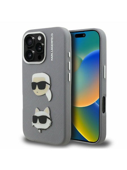 Karl Lagerfeld Karl Lagerfeld Grained PU K&CH Heads Rückseite Hülle für iPhone 16 Pro Grau