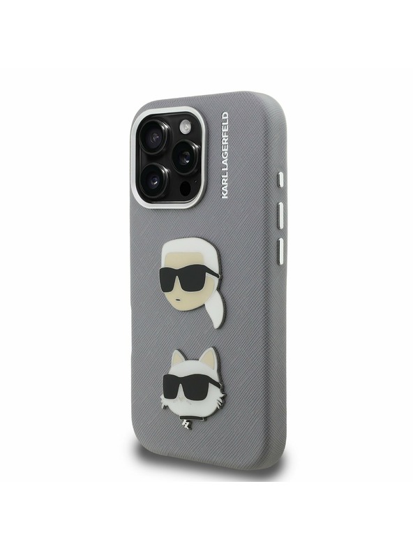 Karl Lagerfeld Karl Lagerfeld Grained PU K&CH Heads Rückseite Hülle für iPhone 16 Pro Grau