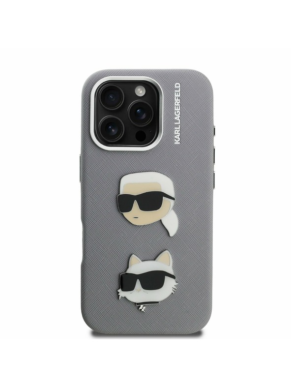 Karl Lagerfeld Karl Lagerfeld Grained PU K&CH Heads Rückseite Hülle für iPhone 16 Pro Max Grey