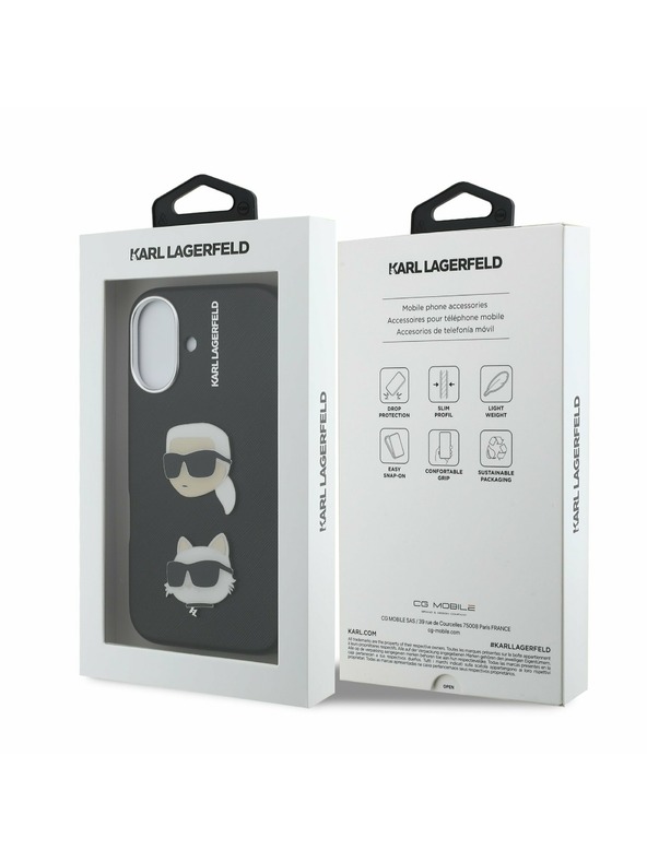 Karl Lagerfeld Karl Lagerfeld Grained PU K&CH Heads Rückseite Hülle für iPhone 16 Black