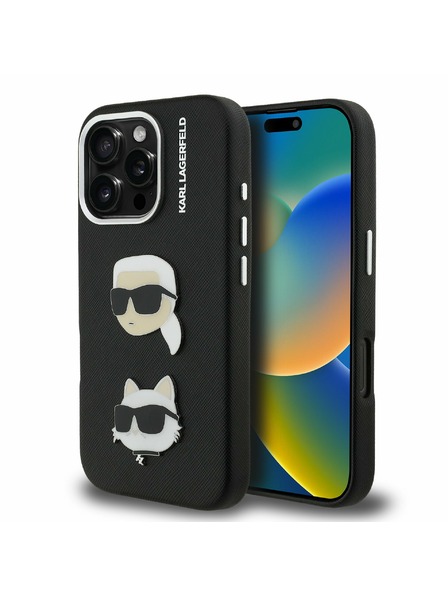 Karl Lagerfeld Karl Lagerfeld Genarbtes PU K&CH Köpfe Rückseite für iPhone 16 Pro Max Schwarz