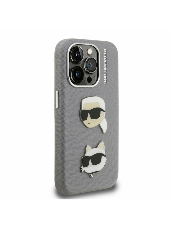 Karl Lagerfeld Karl Lagerfeld Genarbte PU K&CH Heads Rückseite Hülle für iPhone 15 Pro Grau