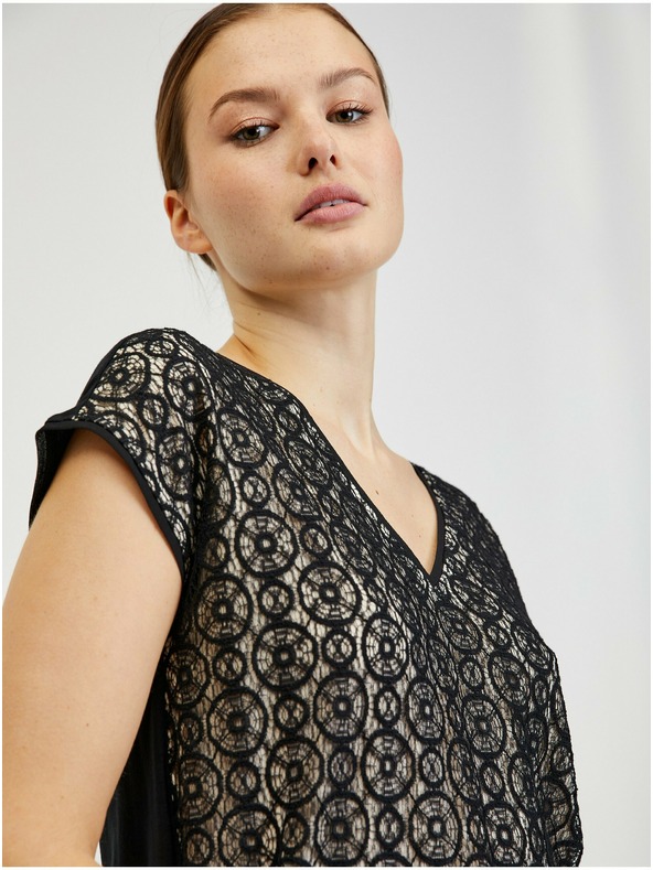 Orsay Beige-schwarzes Damen T-Shirt aus Spitze ORSAY