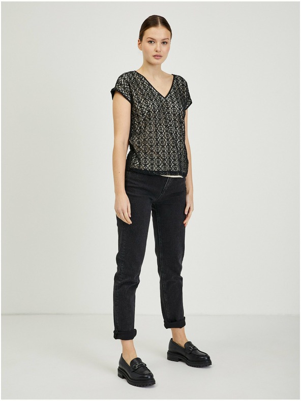 Orsay Beige-schwarzes Damen T-Shirt aus Spitze ORSAY