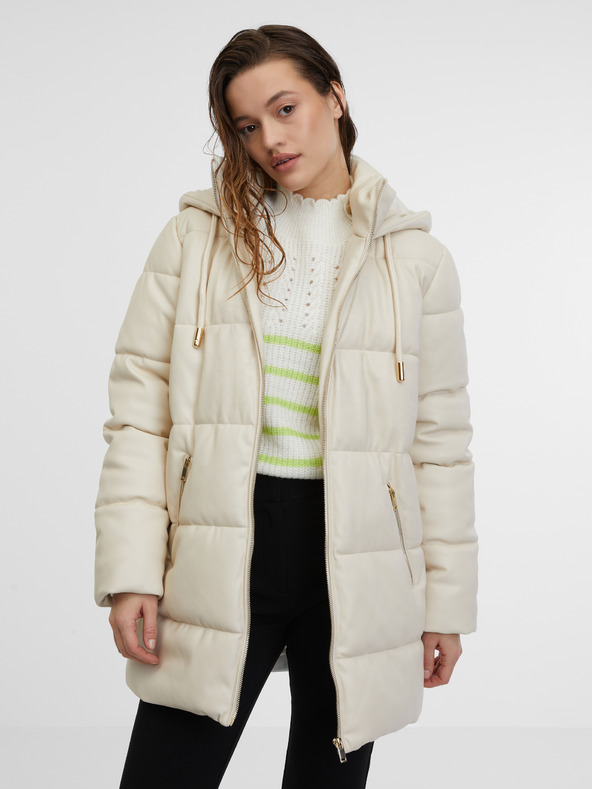 Orsay Cremefarbener Damen-Steppmantel aus Leder ORSAY