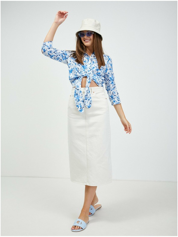 Orsay Weiß-blaue geblümte Bluse mit Knoten ORSAY