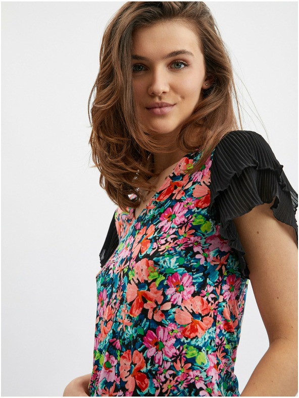 Orsay Blaue und schwarze Damenbluse mit Blumen ORSAY