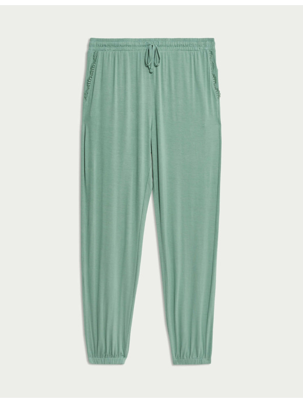 Marks & Spencer Ribbed pajama pants with cuffed hems, with lace Marks & Spencer green