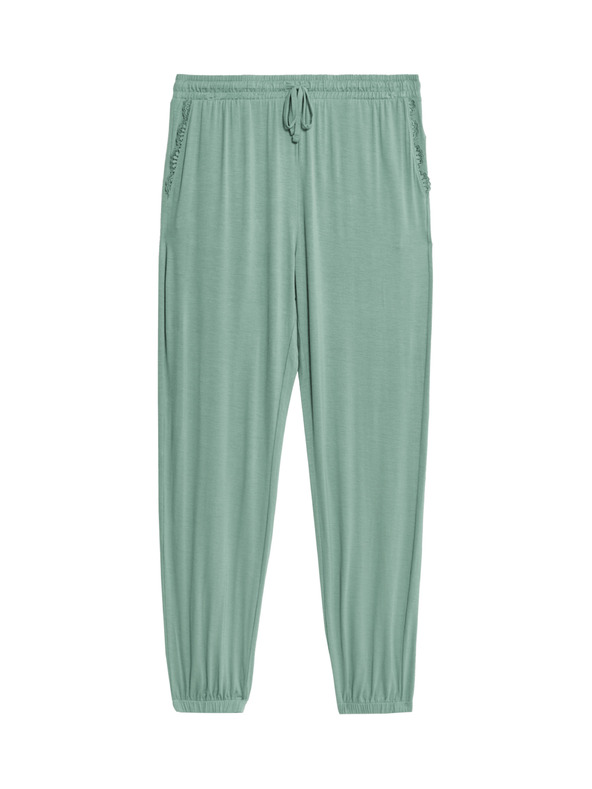 Marks & Spencer Ribbed pajama pants with cuffed hems, with lace Marks & Spencer green