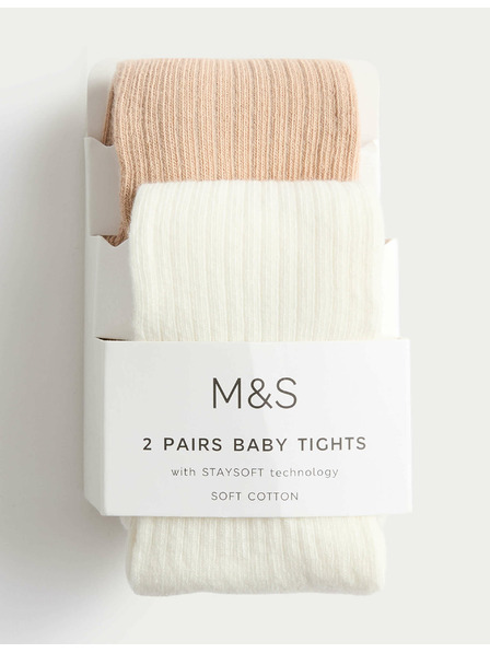 Marks & Spencer 2er-Pack gerippte Strumpfhosen mit hohem Baumwollanteil (0–3 Jahre) Marks & Spencer cremeweiß