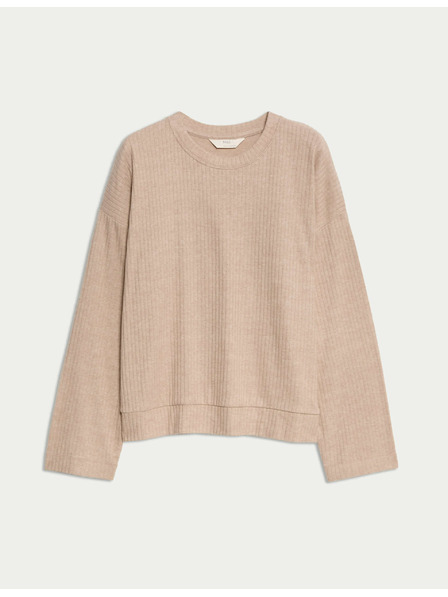 Marks & Spencer Gerippter Pyjamatop mit Rundhalsausschnitt und langen Ärmeln von Marks & Spencer, cremeweiß