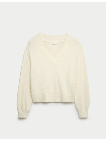 Marks & Spencer Bequemes gestricktes Daunentop mit V-Ausschnitt von Marks & Spencer, cremeweiß
